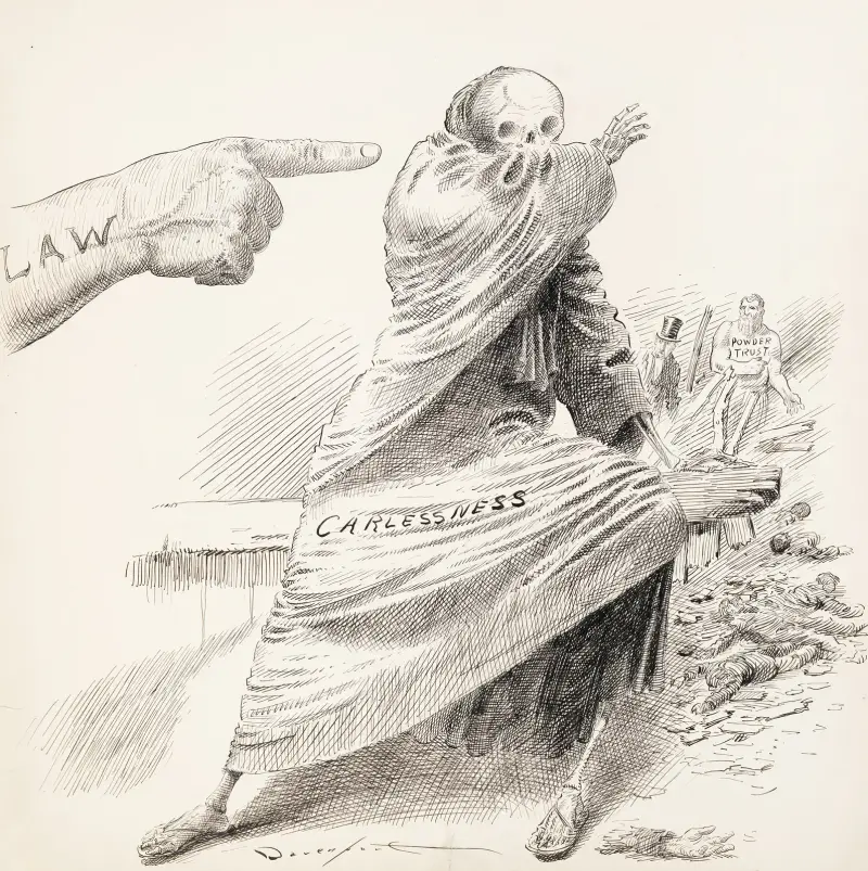 The hand of the law points at a skeleton wearing a robe labeled ‘Carelessness’ av Homer Davenport