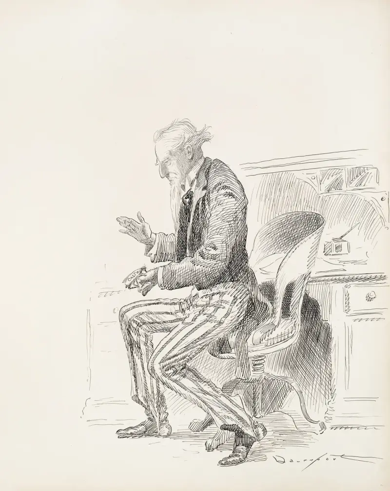 Uncle Sam about to swat at a mosquito representing Castro, which is biting him. av Homer Davenport
