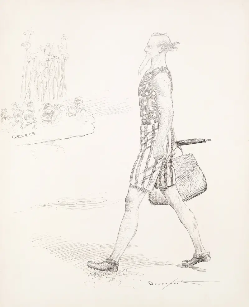 Uncle Sam in a bathing suit walks along a beach av Homer Davenport