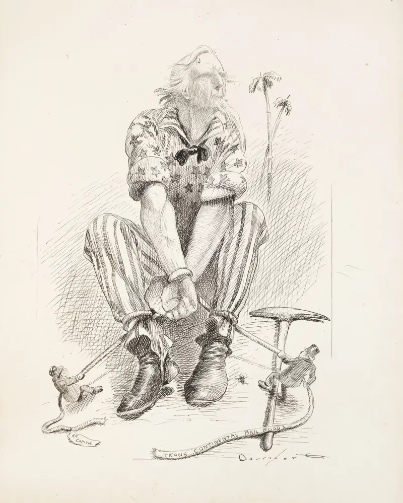 Uncle Sam is tied hand and foot by two miniature men av Homer Davenport