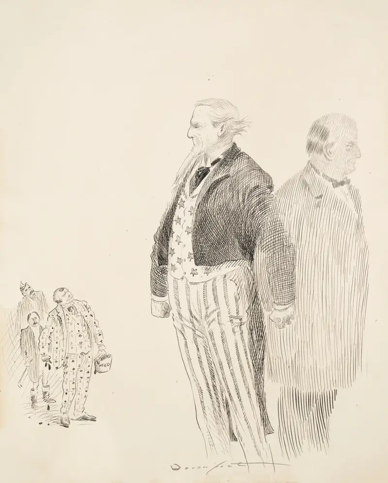 Uncle Sam stands guard between a gentleman and three men lead by a man carrying a bucket of mud and wearing a suit made of cards. av Homer Davenport