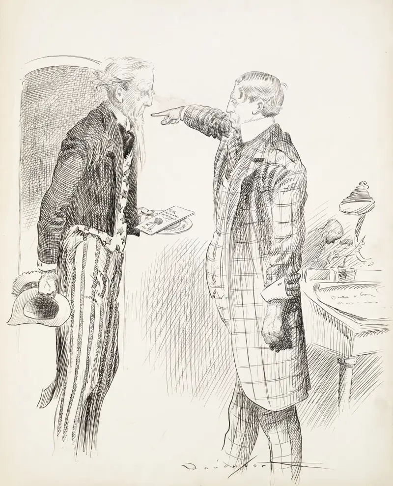 Uncle Sam, with torn clothes and tears in his eyes, tries to offer an invitation to the honorable W.R.H., but is ordered to leave av Homer Davenport