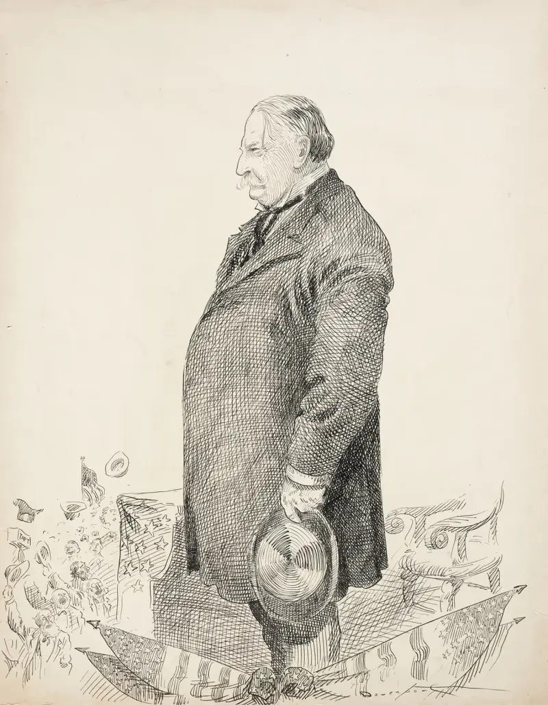 William Howard Taft stands to speak at an event, looking at a cheering crowd. av Homer Davenport