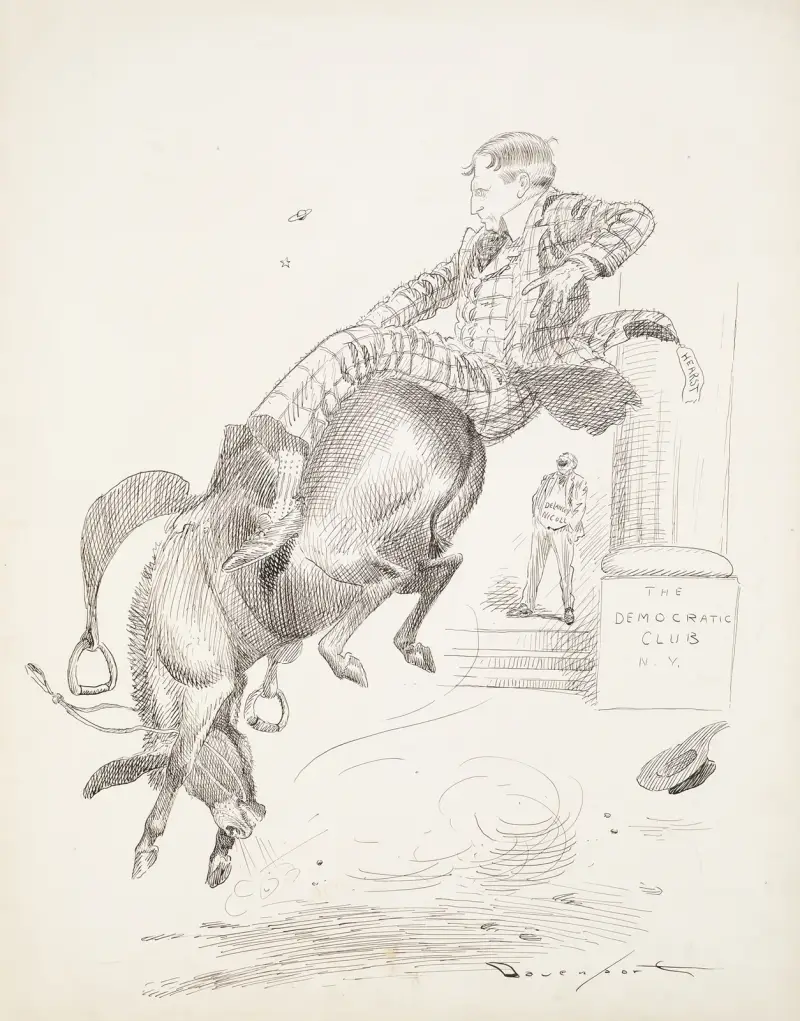 William Randolph Hearst about to fall off of a bucking Democrat donkey in front of the Democratic Club N.Y. von Homer Davenport