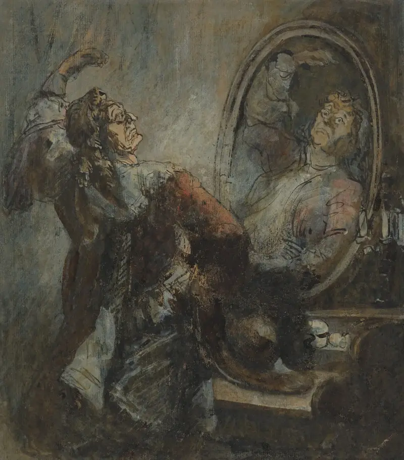 Skådespelare poserar framför en spegel av Honoré Daumier