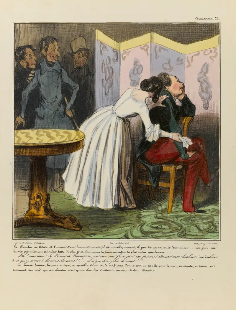 Riddaren des Adrets är älskaren till en världsdam, han är älskvärd, angelägen, han spelar passion och hängivenhet av Honoré Daumier