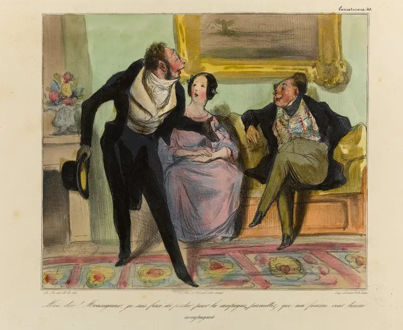 Mon dieu Monseigneur, je suis forcé de partir pour la campagne, permettez que ma femme vous tienne compagnie… av Honoré Daumier
