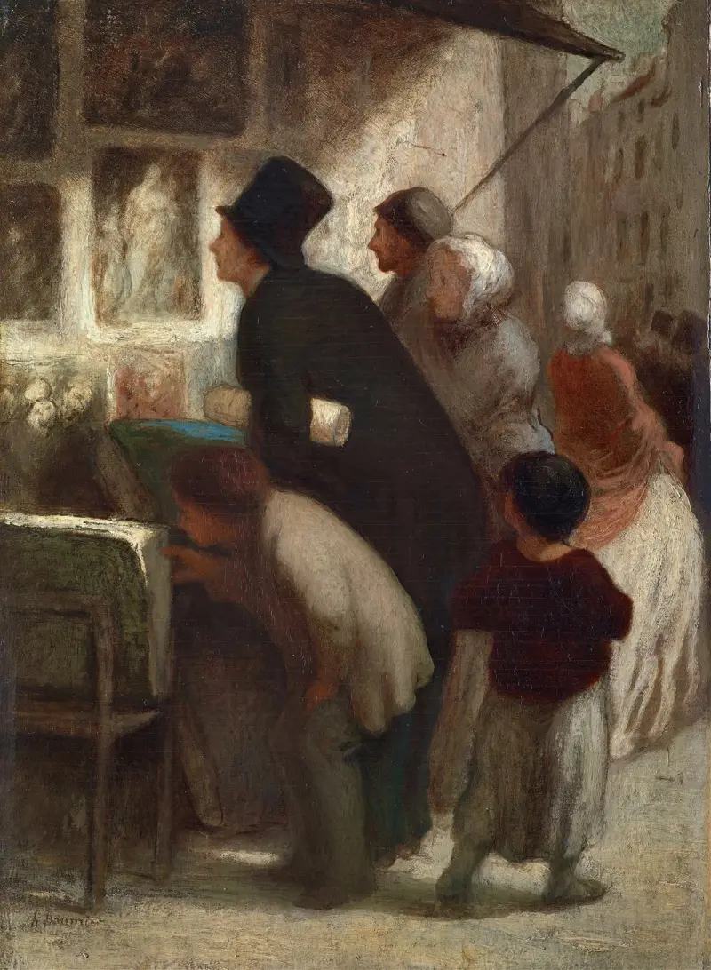 Utanför tryckförsäljarens butik av Honoré Daumier