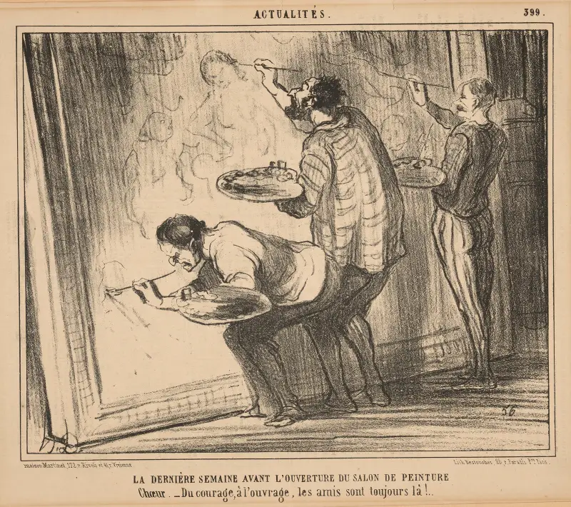 The last week before the opening of Salon painting. Chorus. Courage, to work, friends are always there! av Honoré Daumier