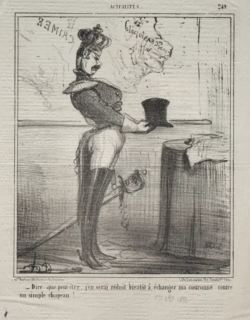 Att tänka sig att jag snart kan tvingas byta ut min krona mot en enkel hatt! av Honoré Daumier