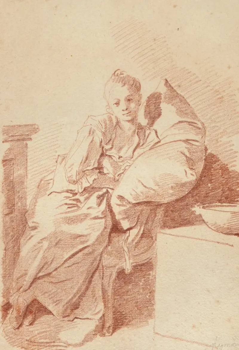 Ung flicka sittande i ett rum, lutad mot en kudde (”Den unga sjuka”) av Jean-Honoré Fragonard