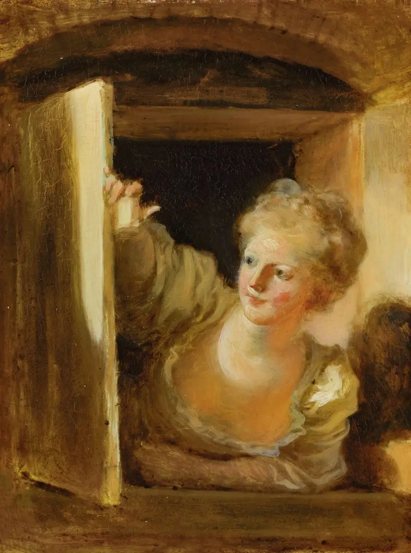 A young woman leaning out of a window av Jean-Honoré Fragonard