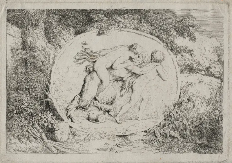 Bacchanales; Nymph Astride a Satyr av Jean-Honoré Fragonard