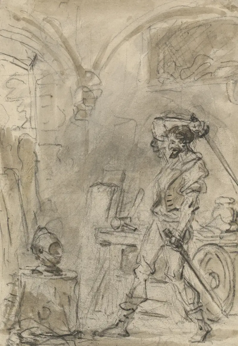 Don Quijote gör sig redo att slå till hjälmen av Jean-Honoré Fragonard