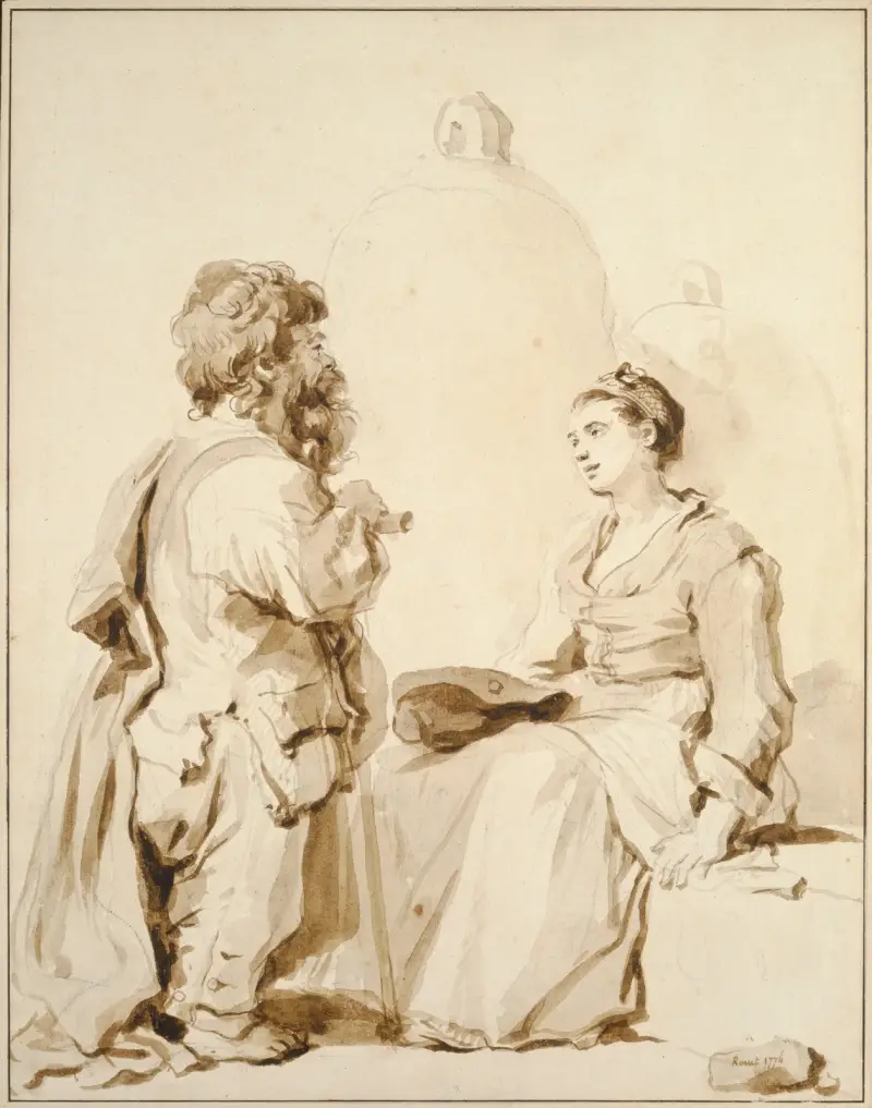 Ein Zwerg und eine junge Frau im Gespräch av Jean-Honoré Fragonard