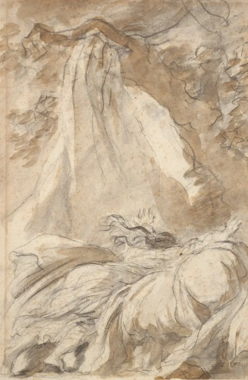 In despair, Olympia throws herself on the bed, illustration for Canto X, verse 27, of Lodovico Ariosto’s ‘Orlando Furioso’ av Jean-Honoré Fragonard