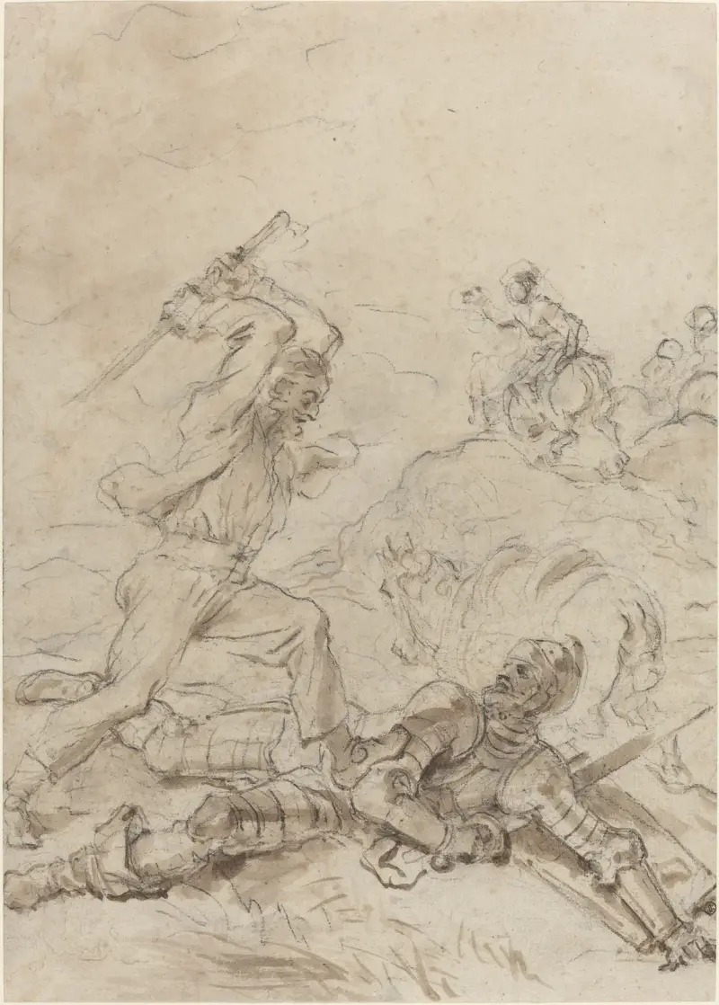 The Muleteer Attacking Don Quixote as He Lies Helpless on the Ground av Jean-Honoré Fragonard