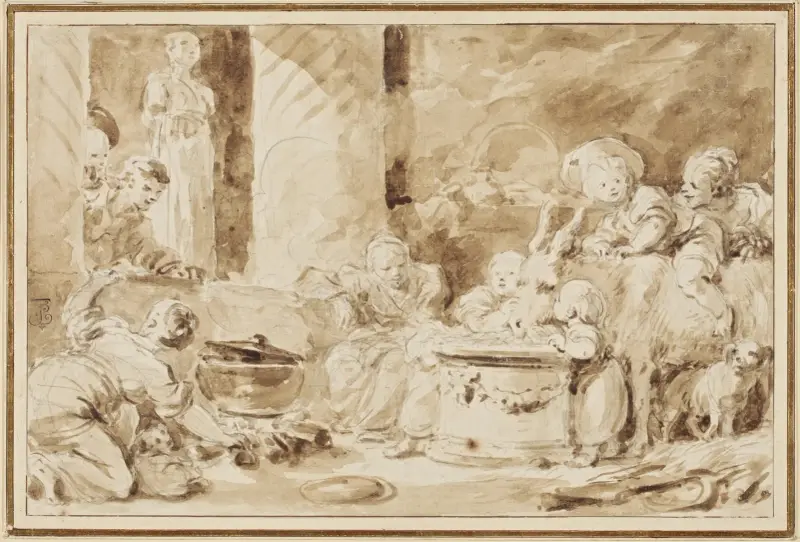 Vor einer antiken Statue lassen Kinder einen Esel von einem Altar fressen av Jean-Honoré Fragonard