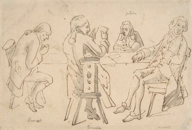 Four Artists seated at a table (Brunet, Potier, Tiercetin, Vernet) av Horace Vernet
