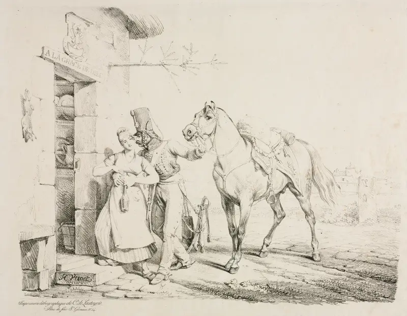 Hussar at the Door of a Cabaret, or Hussar Embracing a Servant av Horace Vernet