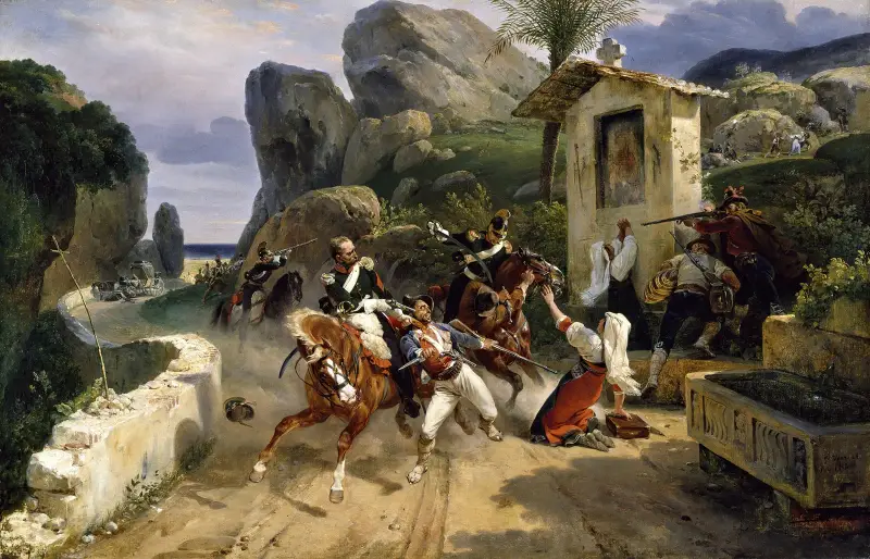 Italienska rövare överraskas av påvliga trupper av Horace Vernet
