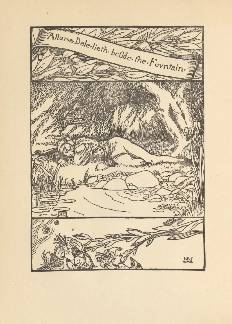 Allan a Dale lieth beside the Fountain av Howard Pyle