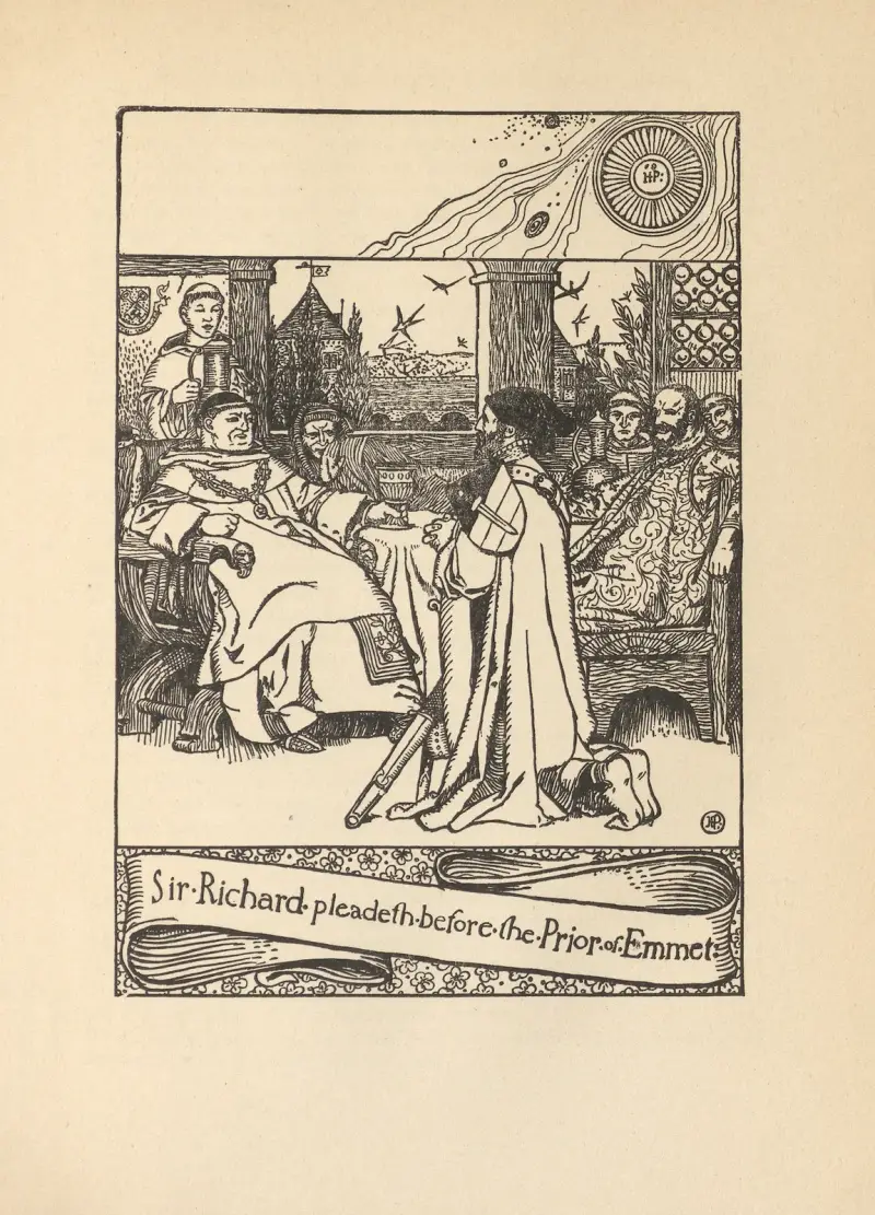 Sir Richard bönfaller inför priorn av Emmet av Howard Pyle