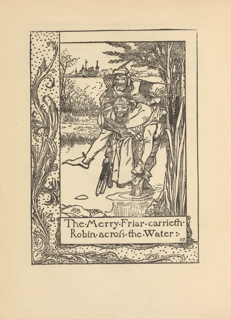 The merry Friar carrieth Robin across the Water av Howard Pyle