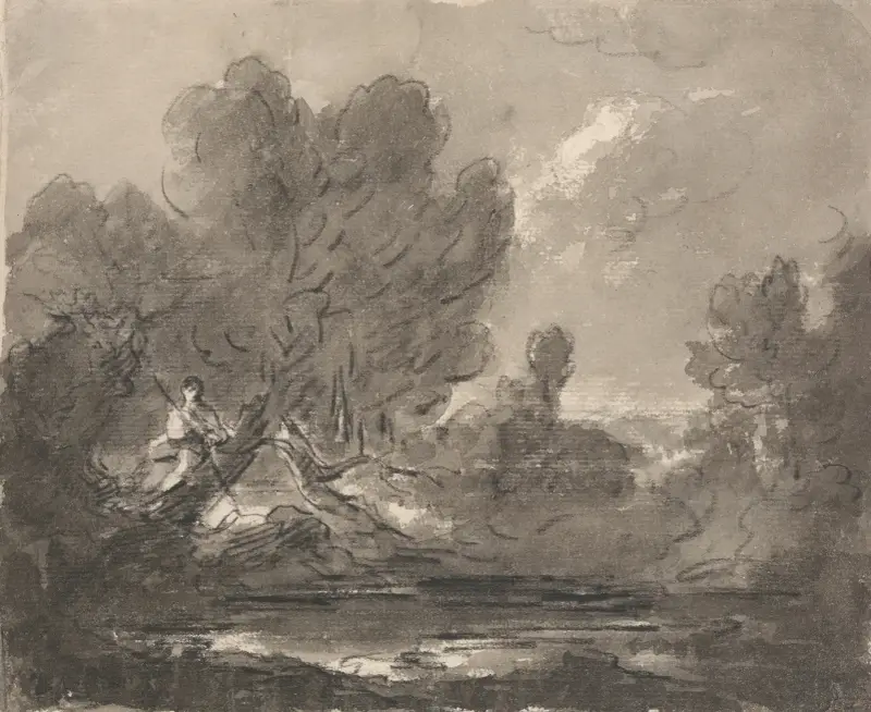 Figur i träd nära damm av George Howland Beaumont
