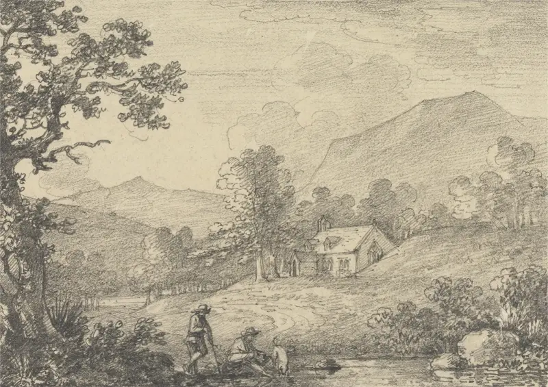 Zwei Figuren an einem Teich und eine Kirche in einer hügeligen Landschaft von George Howland Beaumont