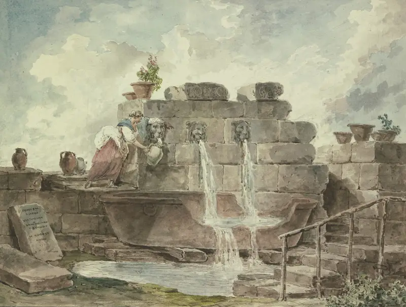 En romersk fontän med en kvinna som hämtar vatten av Hubert Robert