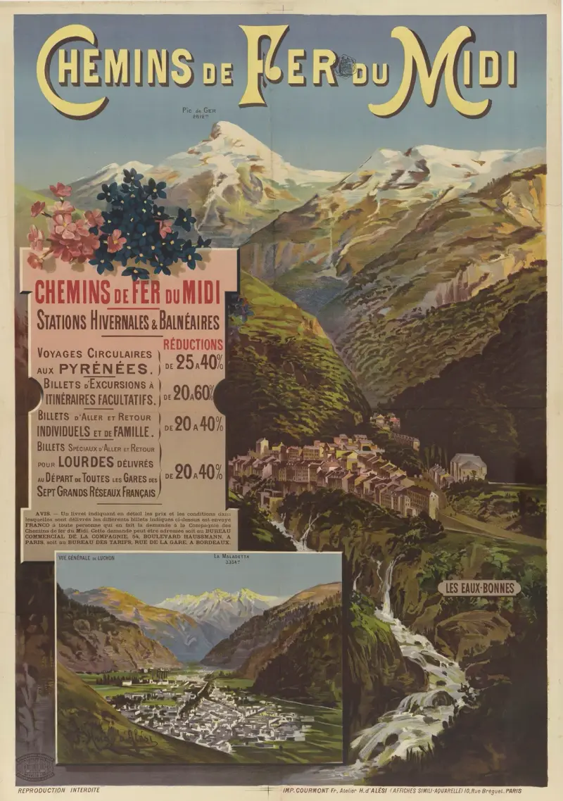 Chemins de fer du Midi – Stations hivernales et balnéaires. Les Eaux-Bonnes, Luchon av Frederic Hugo d’Alési