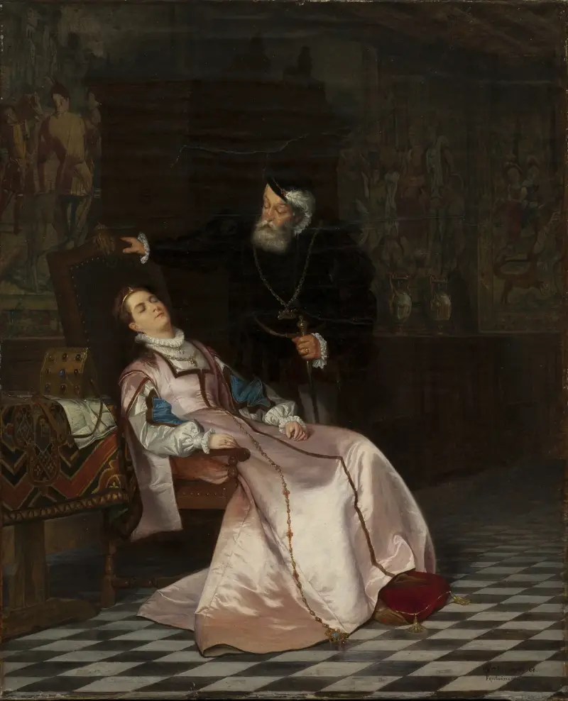 Gustav Vasa finds his consort Katarina Stenbock asleep and hears her say; ‘I am very fond of King Gösta, but I will never forget Rosen’ av Hugo Salmson