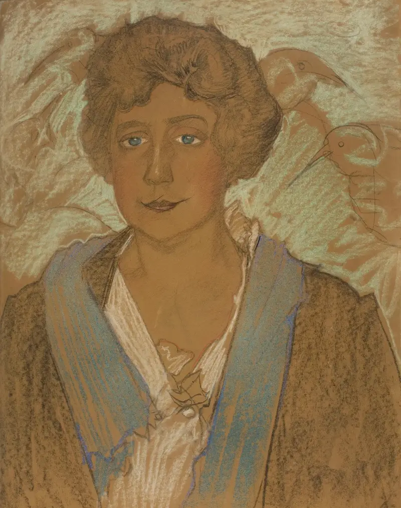 Portrait of Tekla Potocka, with birds in the background av Stanisław Ignacy Witkiewicz