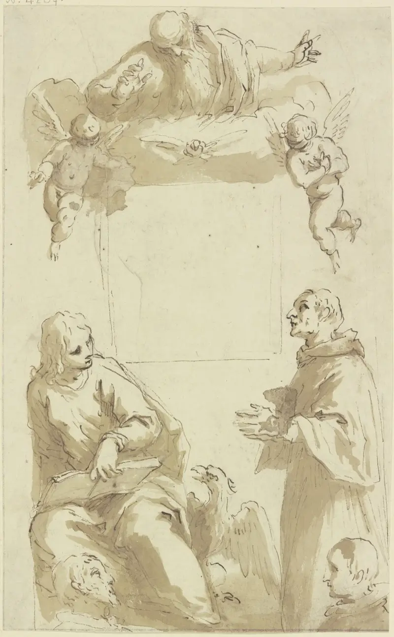 Gottvater mit Taube und Engeln über leerem quadratischem Feld, darunter Johannes der Evangelist und ein anderer anbetender Heiliger sowie die Köpfe von zwei Stiftern von Jacopo Palma il Giovane