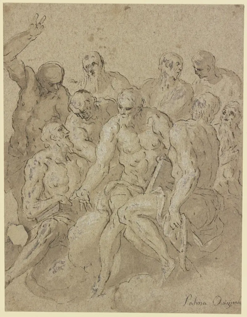 Neun Männerakte mit Büchern, auf Wolken sitzend av Jacopo Palma il Giovane