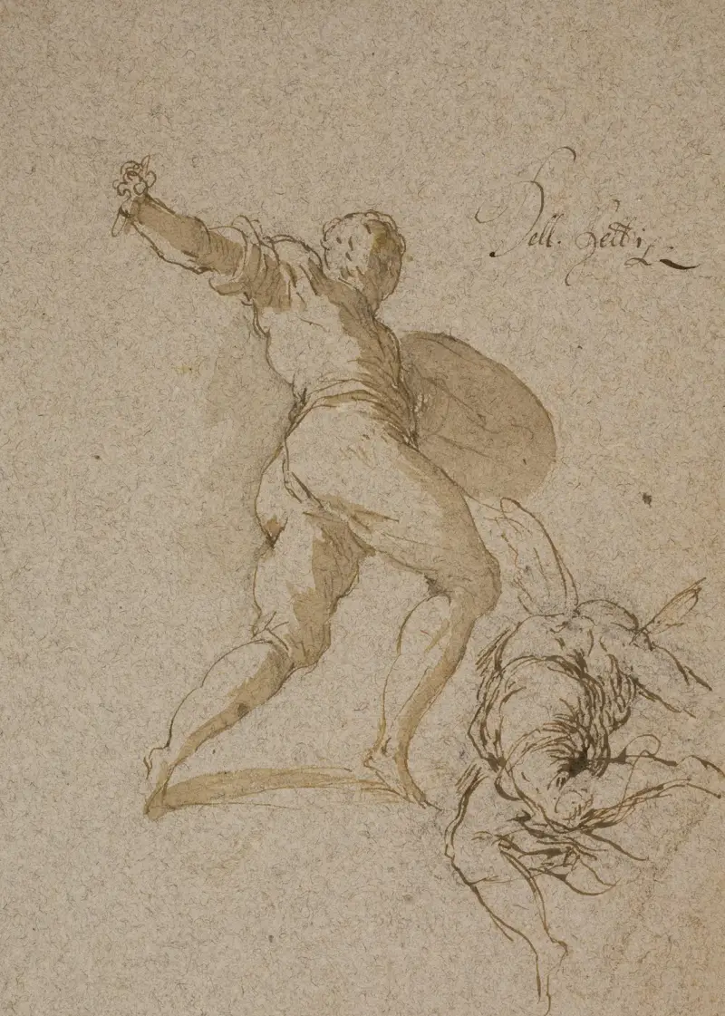 Springande krigare och en flygande ängel sedd bakifrån av Jacopo Palma il Giovane