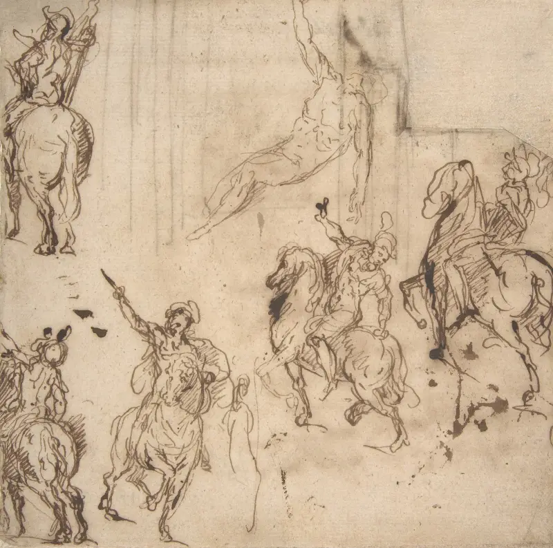 Studien von Reitern und Figurenstudie für eine Kreuzabnahme von Jacopo Palma il Giovane