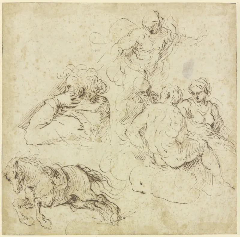 Study sheet with galloping horse, a woman in profile looking left, a group of figures on clouds and an angel av Jacopo Palma il Giovane