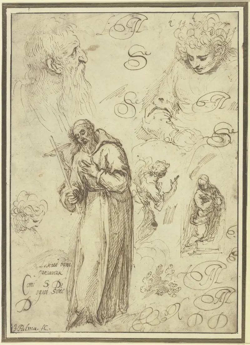 Study sheet with St Francis, an Annunciation and three studies of heads av Jacopo Palma il Giovane