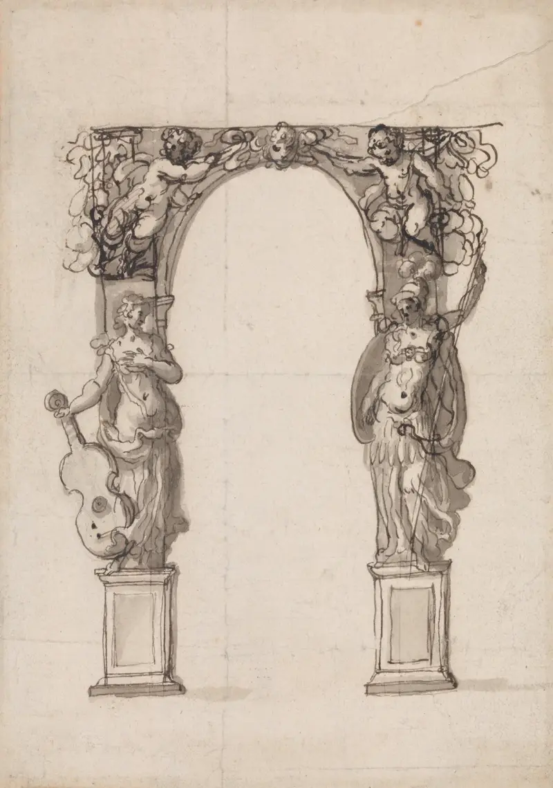 Design för en tillfällig valvbåge med putti och allegoriska figurer för musik och krig av Inigo Jones