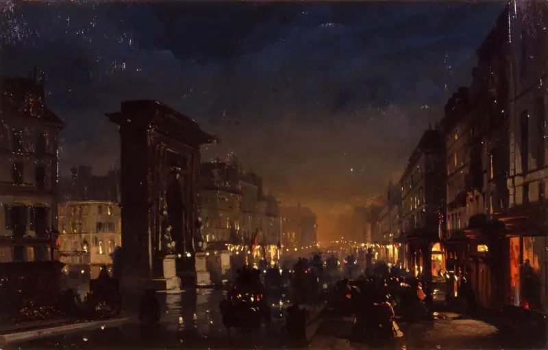 Boulevard et Porte Saint Denis, Olio su Cartoncino Intelato av Ippolito Caffi