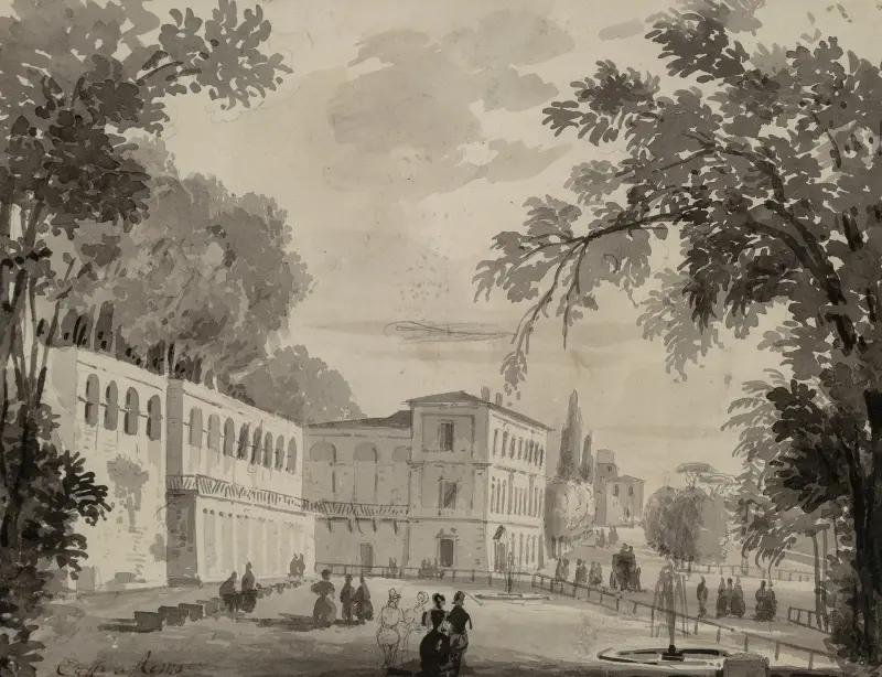 Veduta of the Aqueduct and Aranciera of the Villa Borghese, Rome av Ippolito Caffi