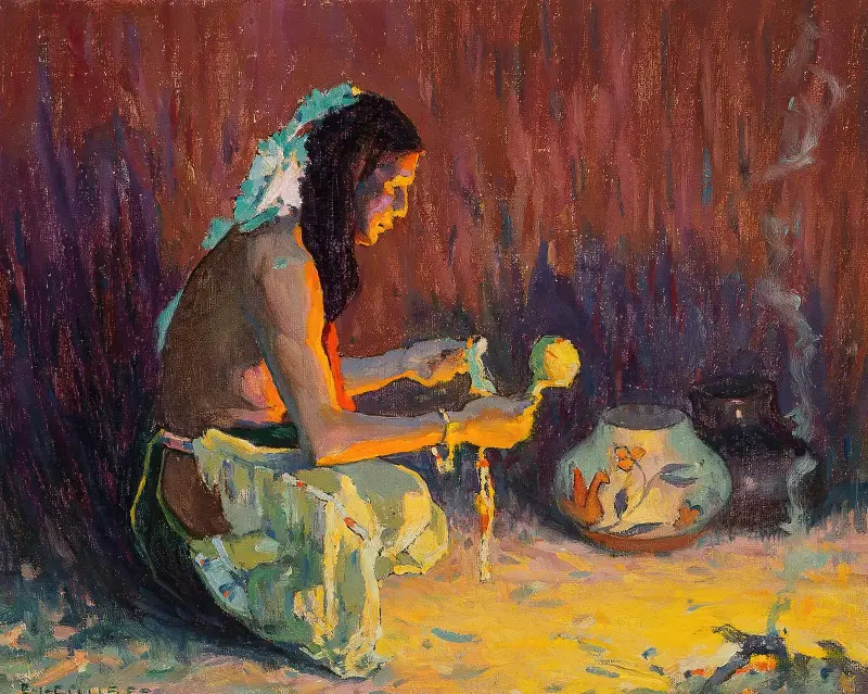 Indian Brave Kneeling Before the Firelight av Eanger Irving Couse