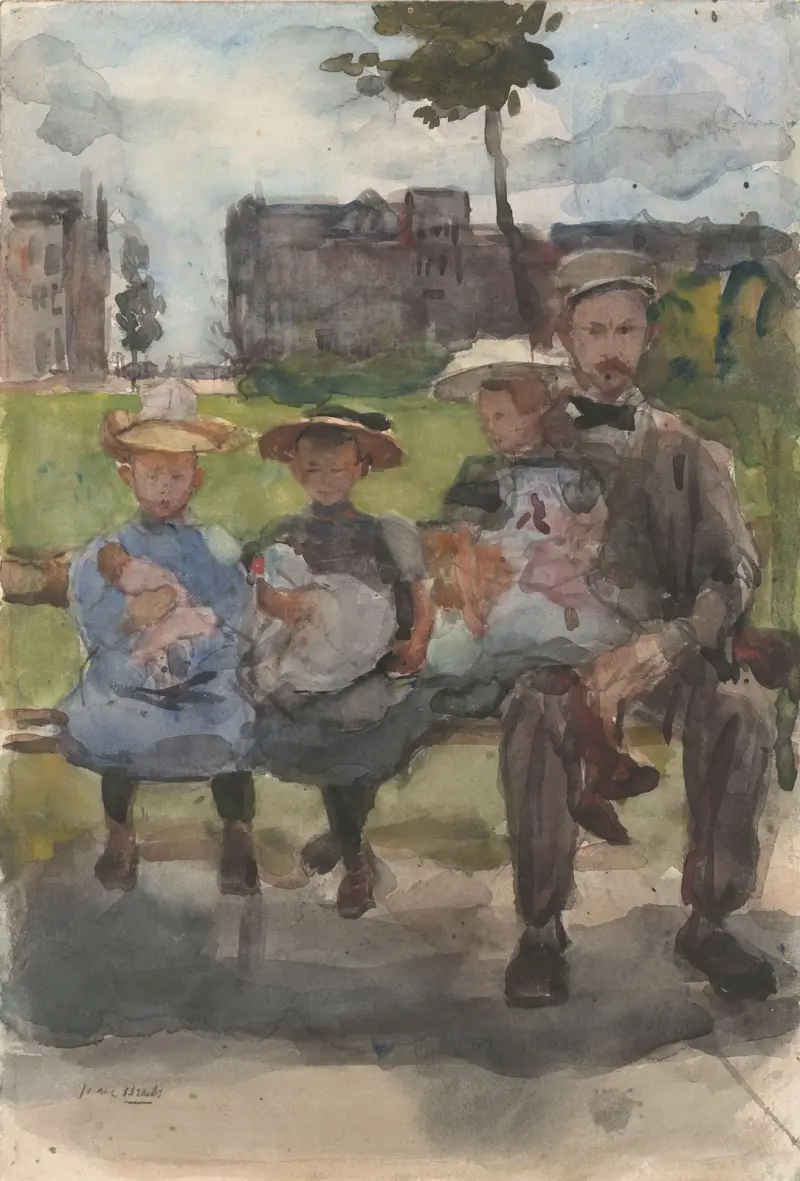 A Man with Three Girls on a Bench in the Oosterpark in Amsterdam av Isaac Israëls