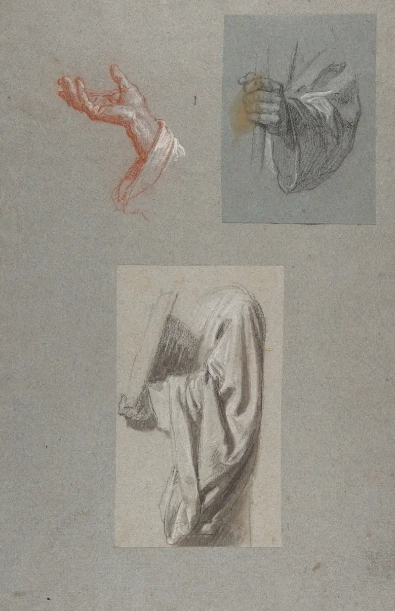 a. Sankt Remigius hand; b. Sankt Remigius hand; c. Draperistudie för akolyt som håller bok av Isidore Pils