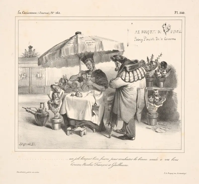 Piękny bukiet, dobrze wypełniony, by życzyć twoim dobrym kuzynom Nicholasowi-Francoisowi i Guillaume'owi szczęśliwego Nowego Roku, J. J. Grandville