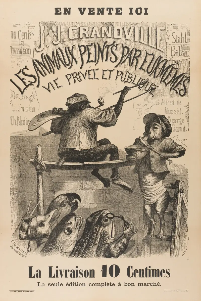 Bokhandelsaffisch för Scènes de la Vie privée et publique des animaux, utgiven hos Hetzel och Paulin av J. J. Grandville
