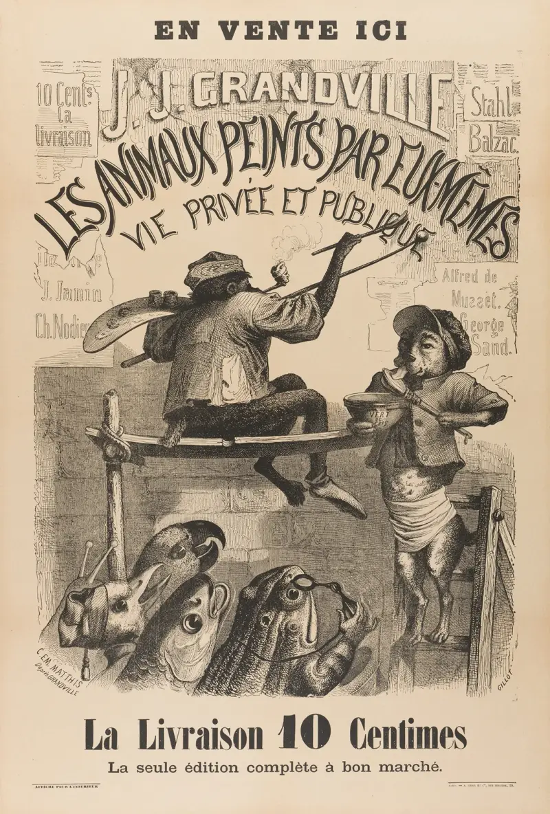 Affiche De Libraire Pour Les Scènes De La Vie Privée Et Publique Des Animaux av J. J. Grandville