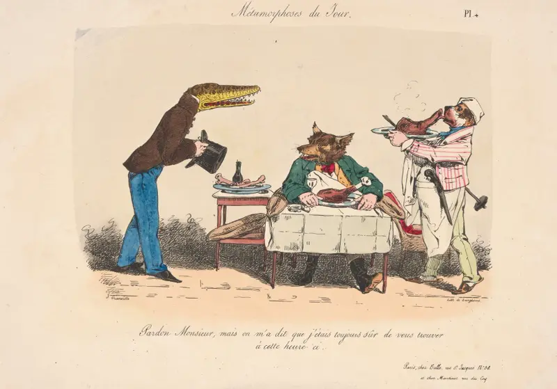 Dagliga förvandlingar, pl. 4; Ursäkta herrn, men jag fick höra att man alltid kan finna er vid den här tiden av J. J. Grandville